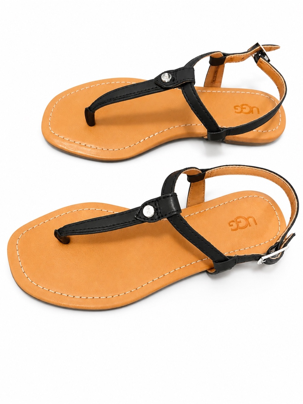 UGG Black Leather T-Strap Sandals with Tan Soles